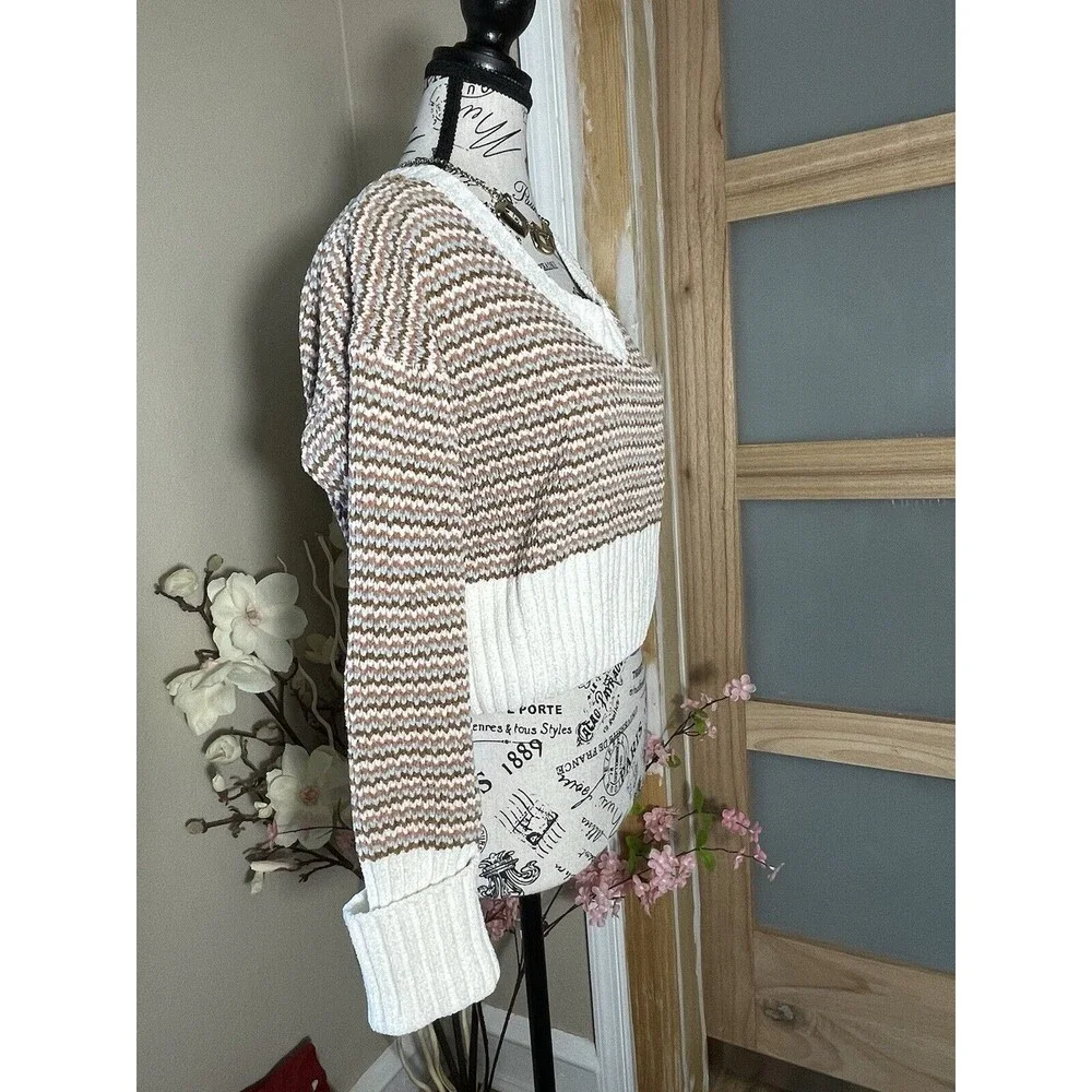 Pink Rose Chevron Knit Cropped Sweater Womens Small V-neck Pullover Cottagecore